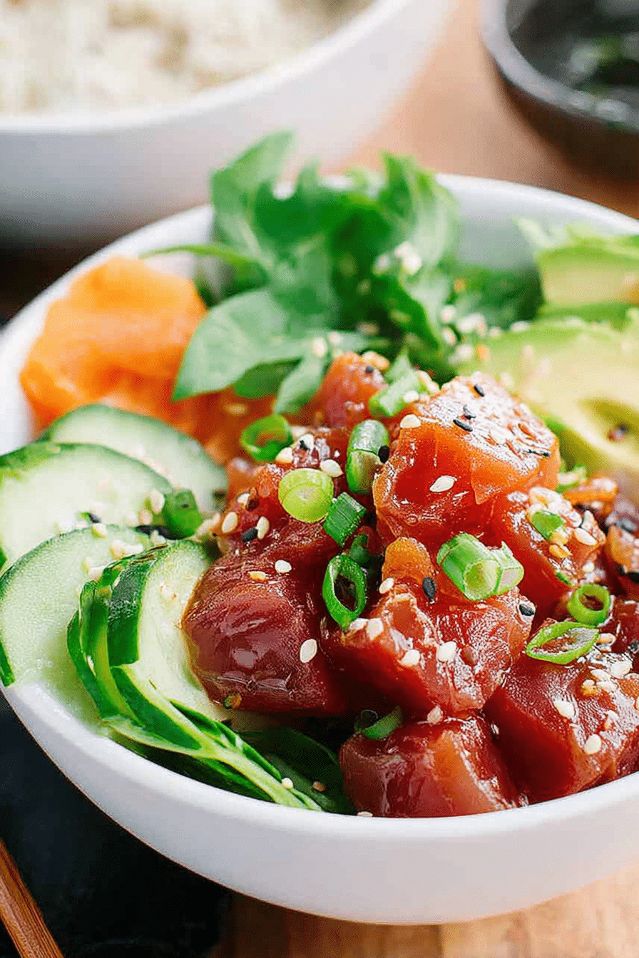 Delicious homemade ahi tuna poke bowl with fresh vegetables and brown rice