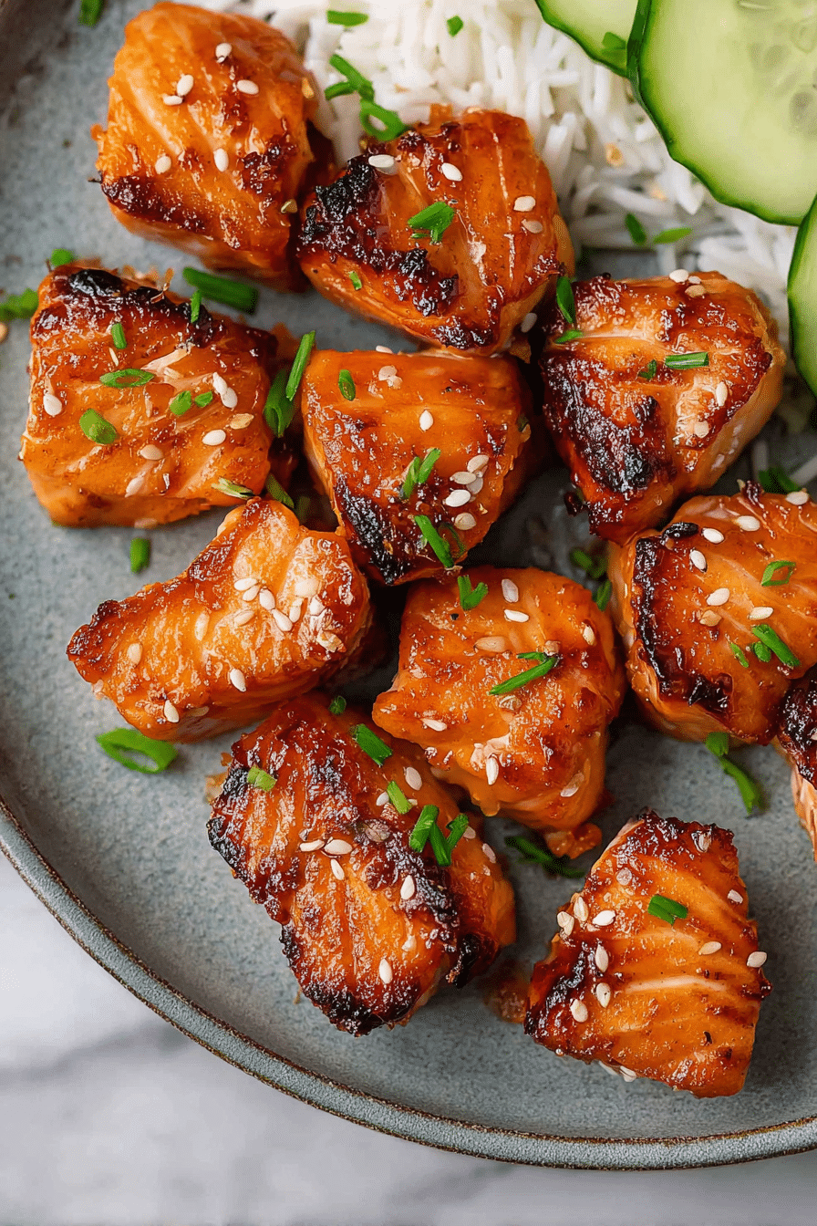 Delicious air fryer salmon bites garnished with sesame seeds and served in a colorful bowl, showcasing the savory and sweet flavor.