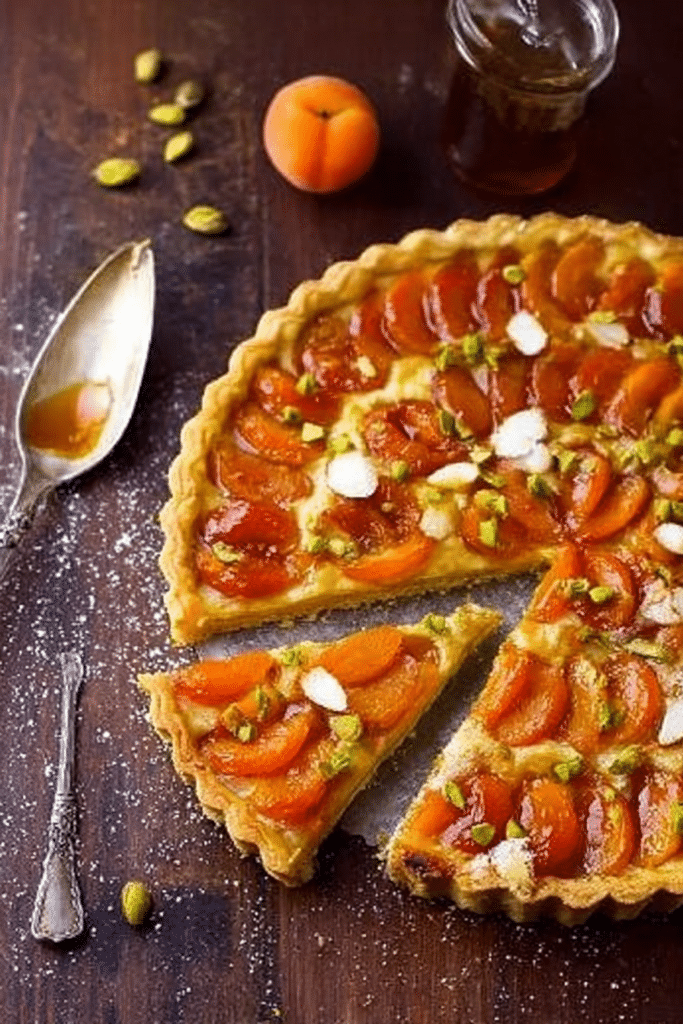 Apricot Crème Fraîche Tart topped with honey and pistachios served on a rustic wooden table.