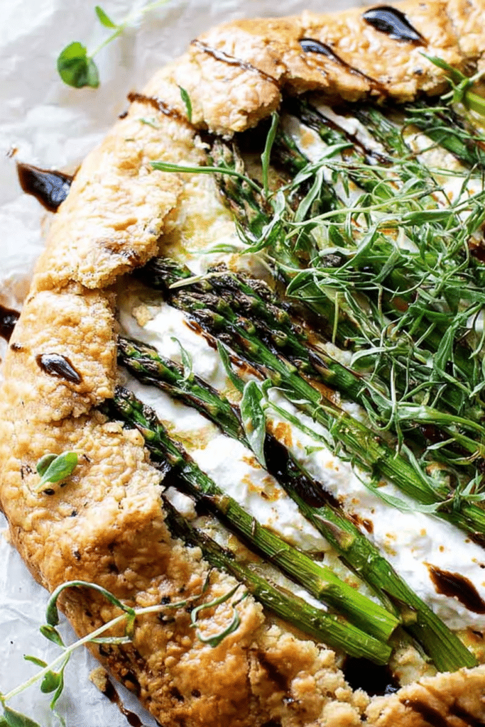 Asparagus galette with jammy leeks and ricotta on a rustic wooden table, garnished with herbs.