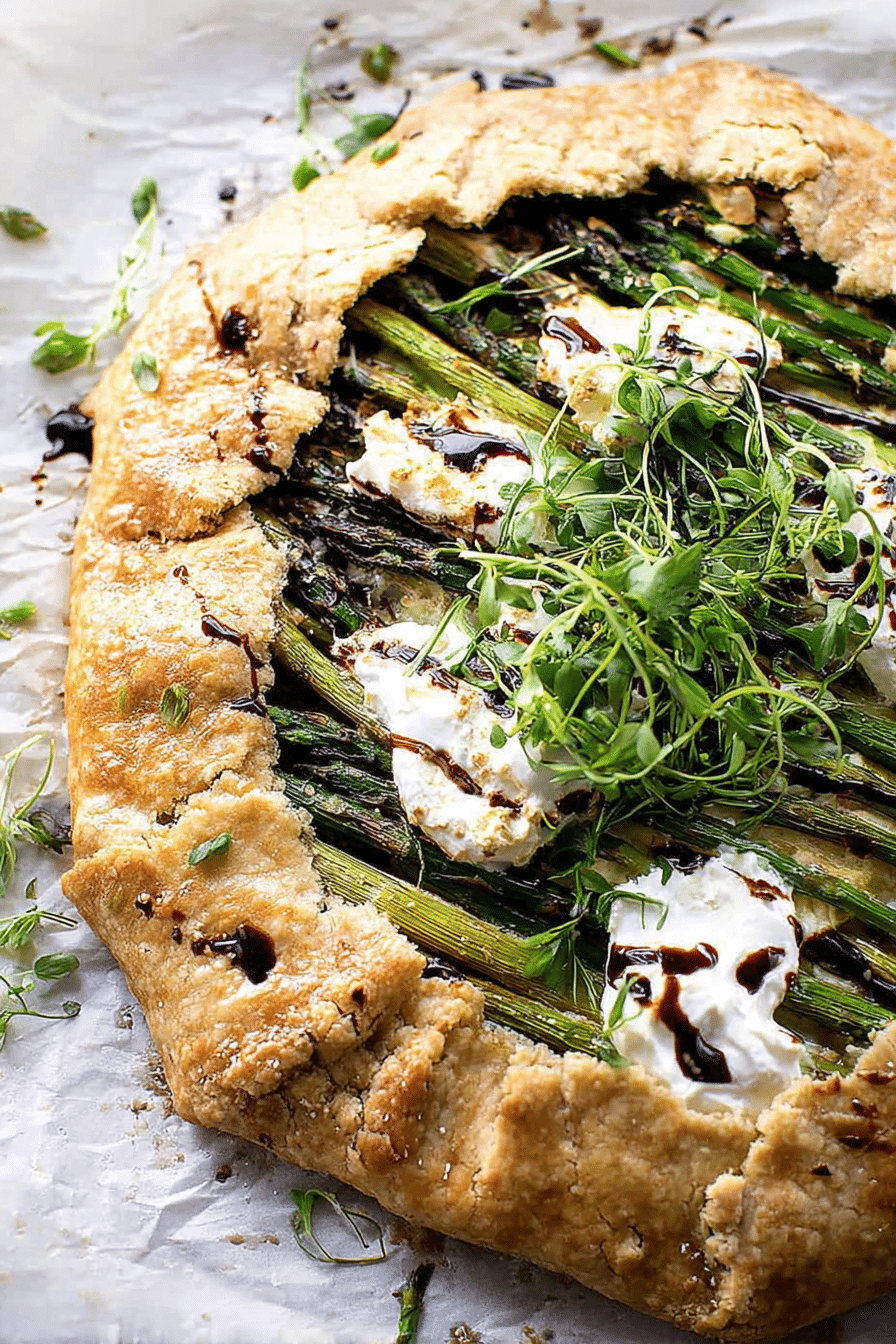 Asparagus galette with jammy leeks and ricotta on a rustic wooden table, showcasing the golden crust, vibrant asparagus, and creamy ricotta.