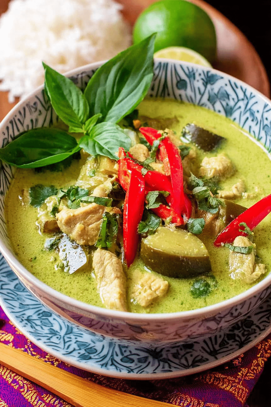 Authentic Thai green curry chicken garnished with basil and red peppers, served with jasmine rice.