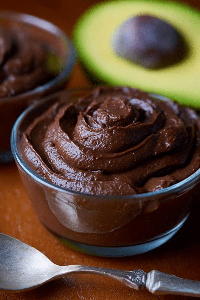 Delicious avocado chocolate mousse in a clear glass, topped with chocolate shavings and mint leaves.