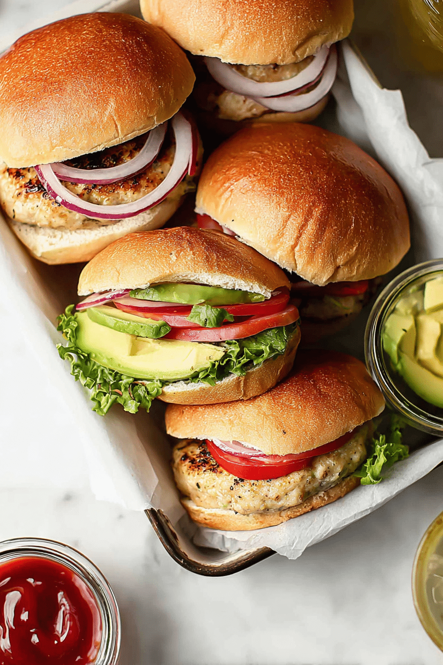 Close-up of avocado turkey burgers with sliced avocado and pepper jack cheese on brioche buns.