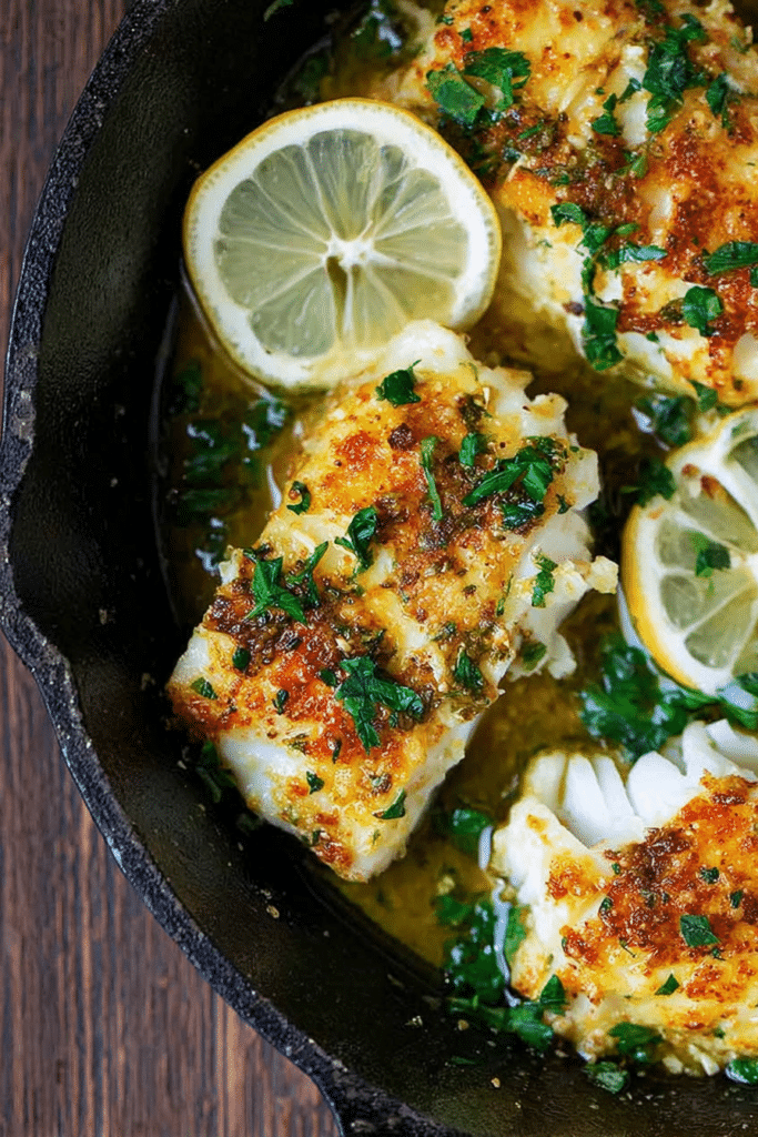 Baked cod fillet with lemon and garlic, garnished with parsley and lemon wedges on a plate.