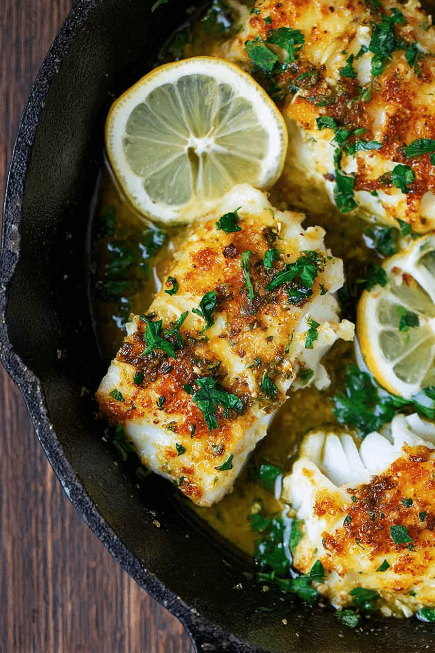 Baked cod fillet with lemon and garlic, garnished with parsley and lemon wedges on a plate.
