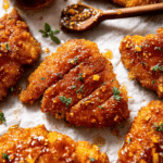 Plated Baked Crunchy Hot Honey Chicken garnished with fresh herbs and drizzled with hot honey sauce