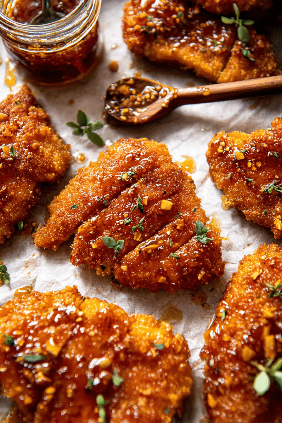 Plated Baked Crunchy Hot Honey Chicken garnished with fresh herbs and drizzled with hot honey sauce