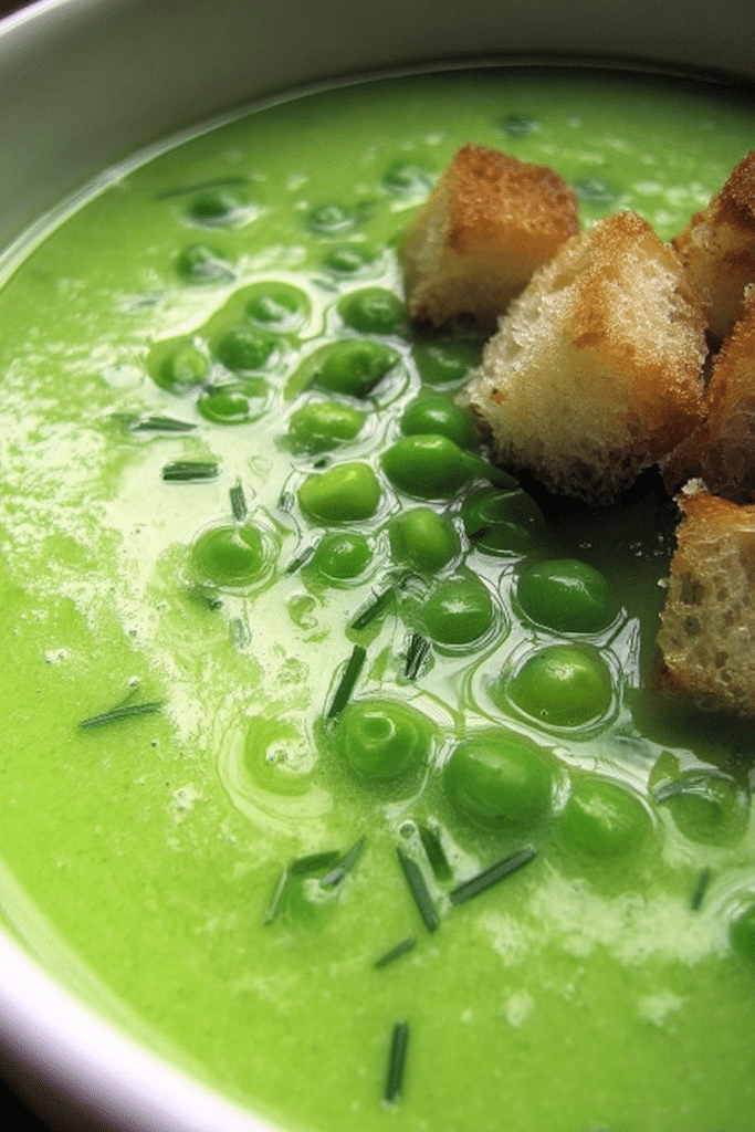 Bowl of fresh pea soup garnished with chives and croutons on a rustic wooden table.
