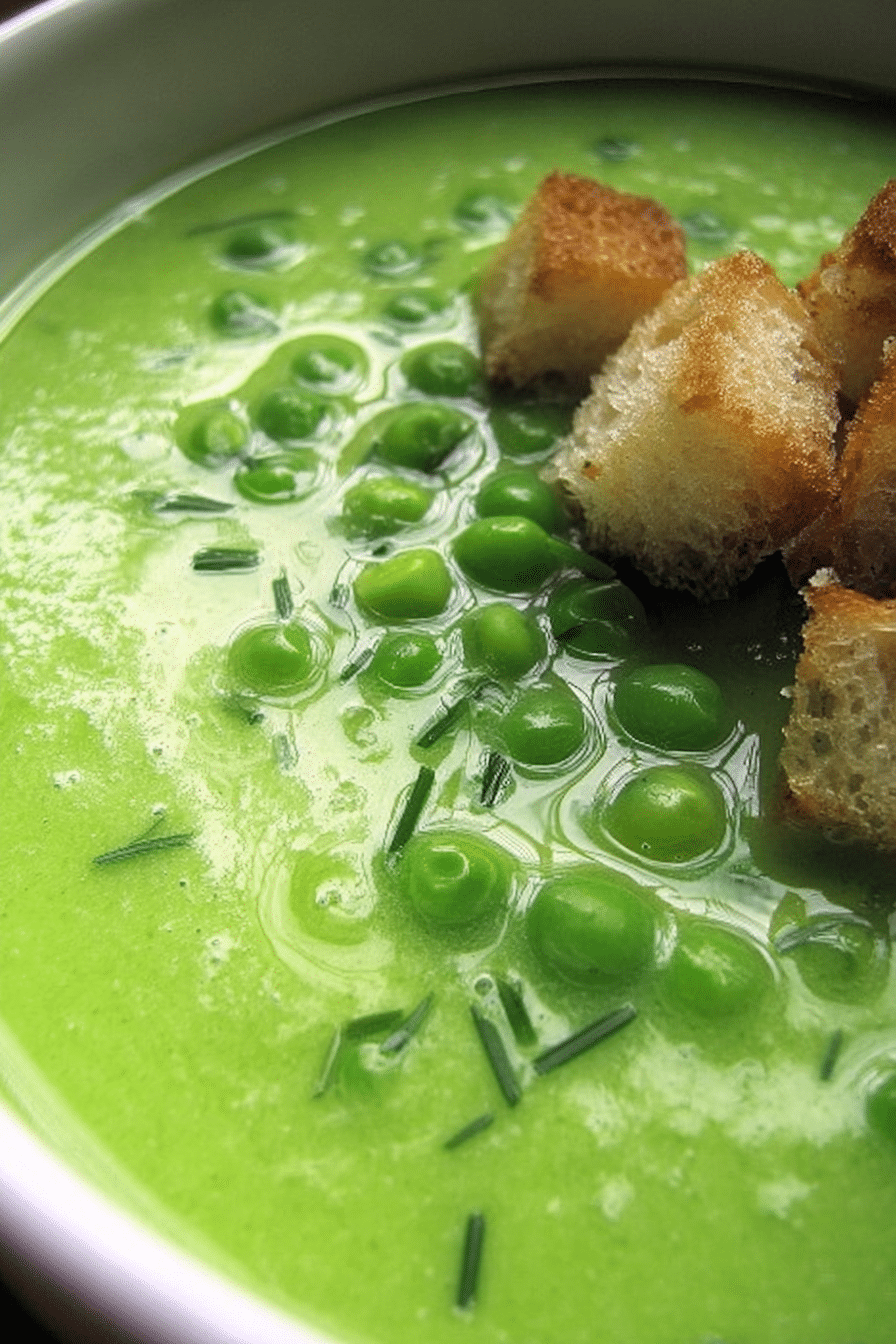 Bowl of fresh pea soup garnished with chives and croutons on a rustic wooden table.