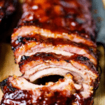 Delicious BBQ baby back ribs coated in rich BBQ sauce, garnished with parsley on a wooden board.