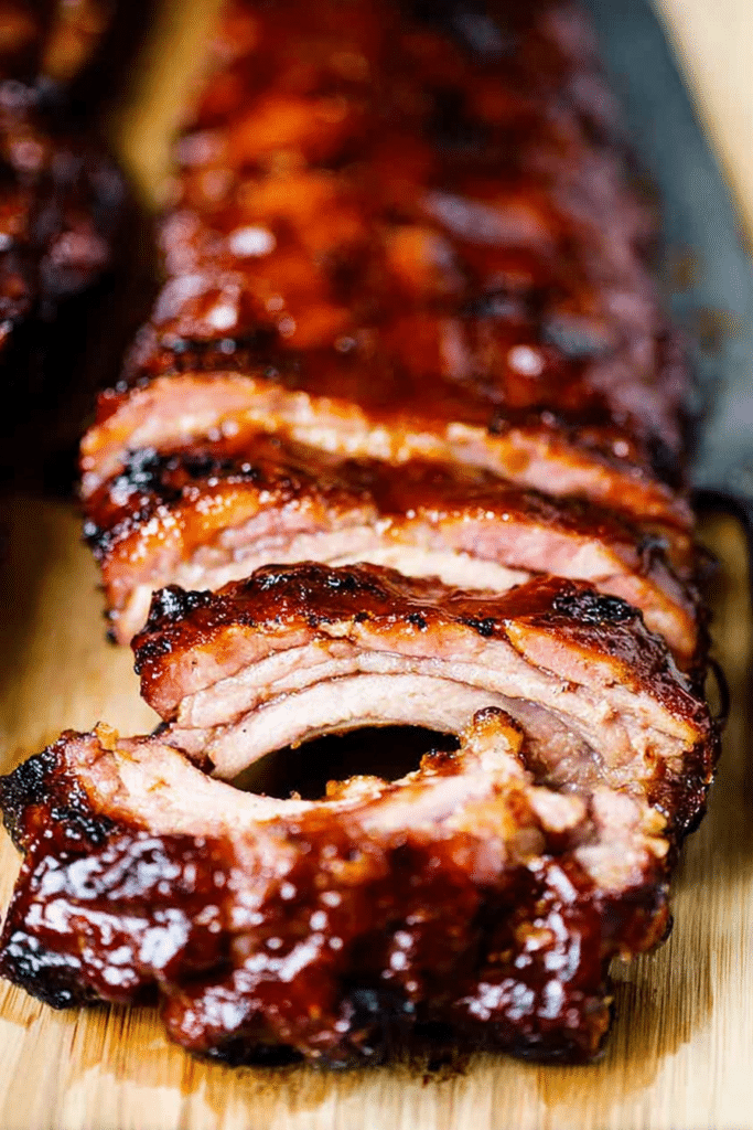 Delicious BBQ baby back ribs coated in rich BBQ sauce, garnished with parsley on a wooden board.