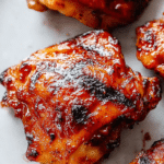 Juicy BBQ grilled chicken thighs garnished with herbs on a wooden board.