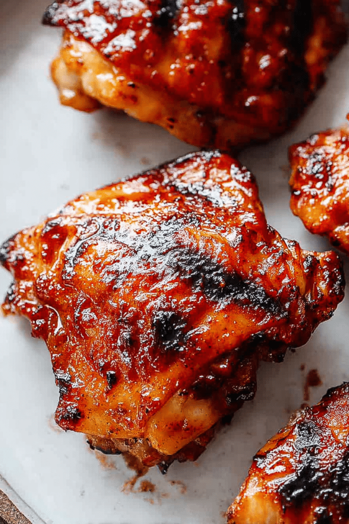 Juicy BBQ grilled chicken thighs garnished with herbs on a wooden board.