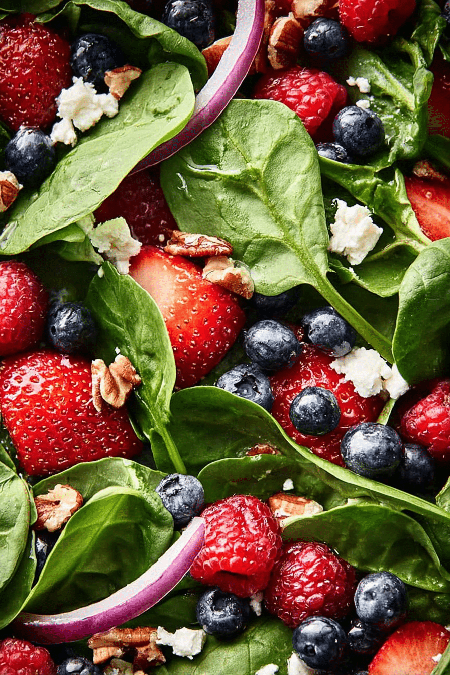 Colorful berry spinach salad with strawberries, raspberries, blueberries, goat cheese, pecans, and raspberry vinaigrette.