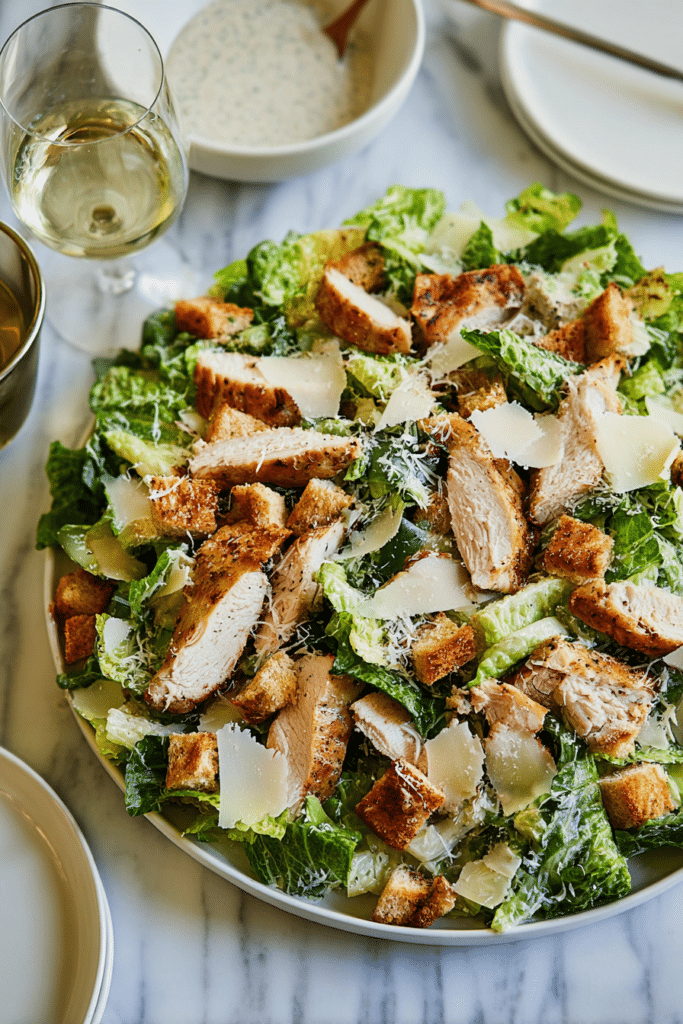 Best Chicken Caesar Salad with homemade croutons on a rustic wooden table, featuring grilled chicken, croutons, and fresh romaine.