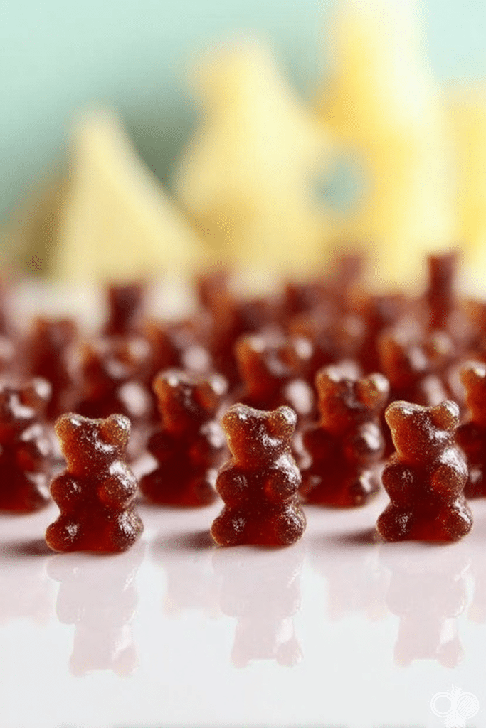 Colorful black elderberry gummies shaped like bears, surrounded by fresh elderberries on a wooden table.