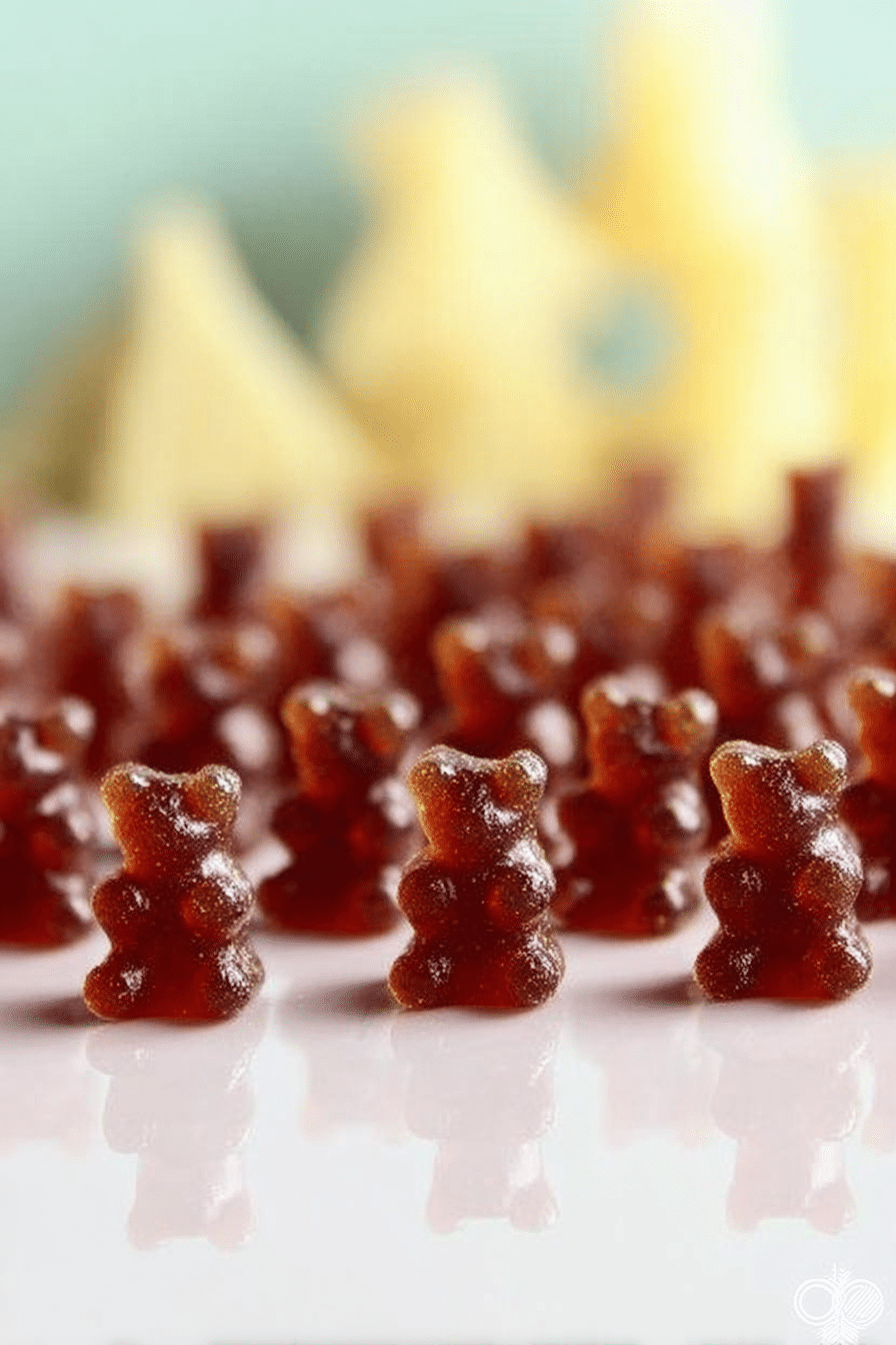 Colorful black elderberry gummies shaped like bears, surrounded by fresh elderberries on a wooden table.