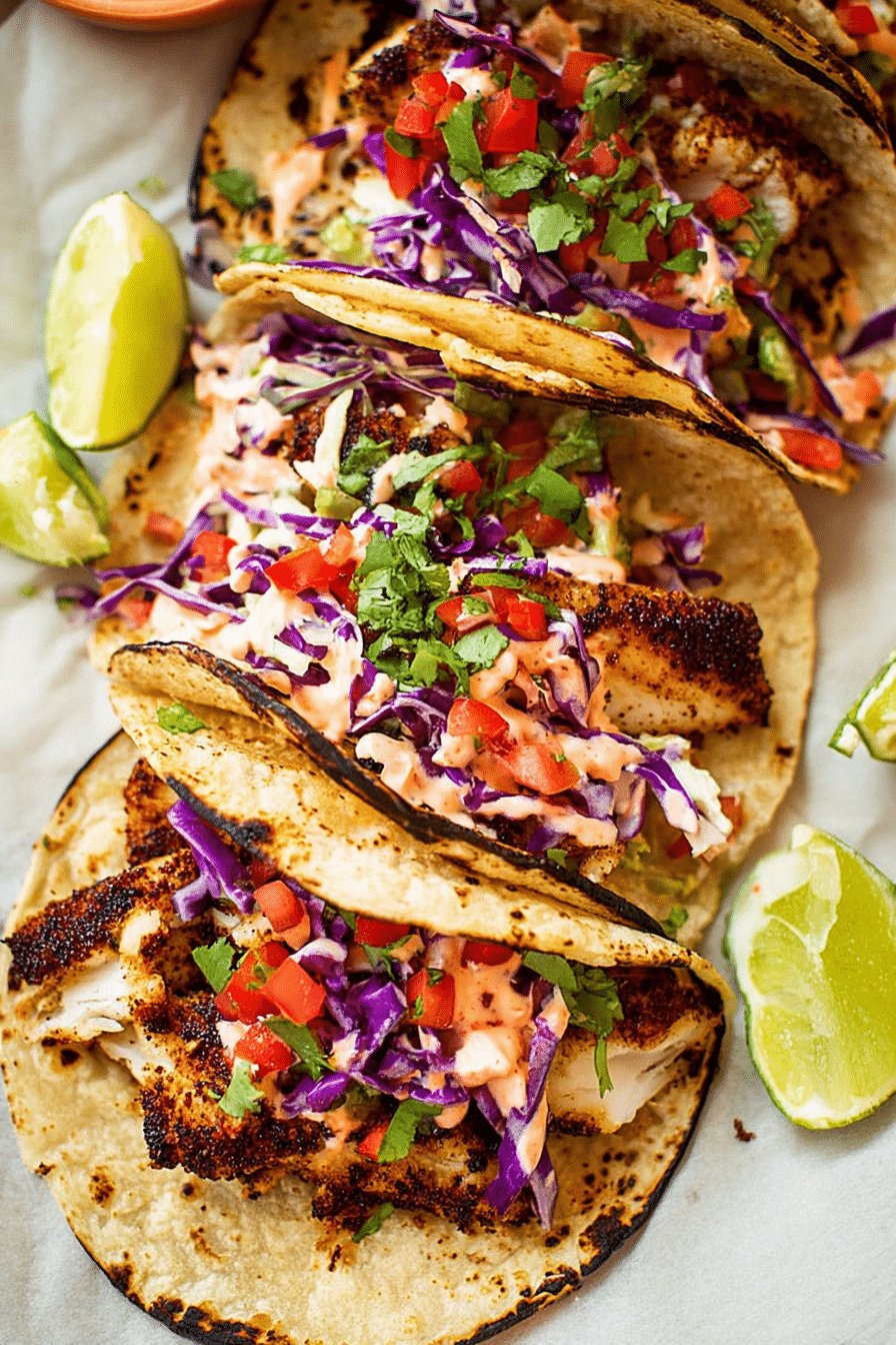 Blackened fish tacos on a wooden board with lime wedges and pico de gallo, highlighting fresh ingredients and a flavorful dish.