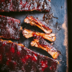 Melt-in-your-mouth bourbon-honey glazed ribs topped with herbs and served with BBQ sauce.