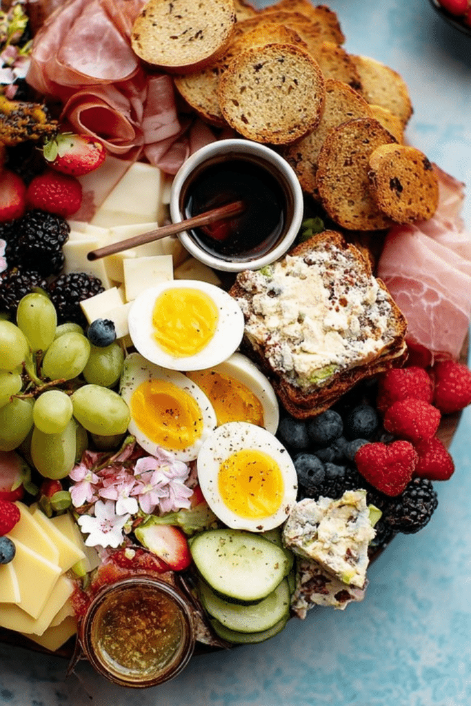 A stunning breakfast charcuterie board with brie cheese, salami, fresh berries, and mini muffins, perfect for brunch.