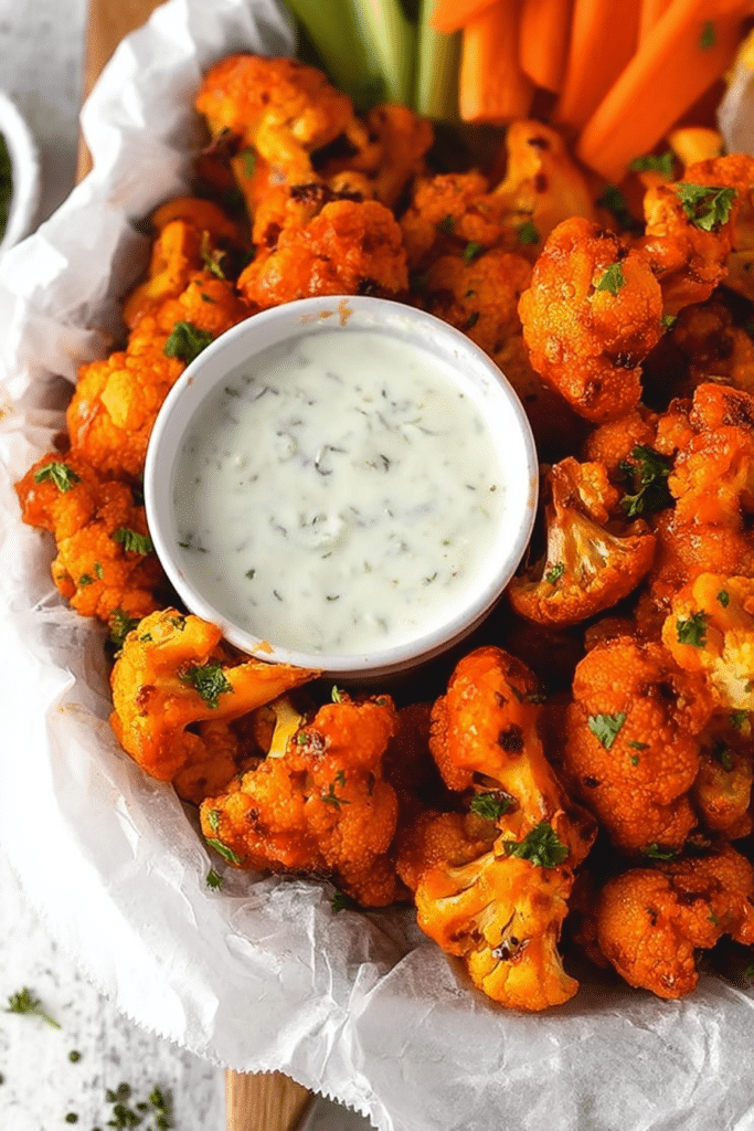 Healthy buffalo cauliflower bites with ranch dressing and celery sticks served in a rustic bowl.