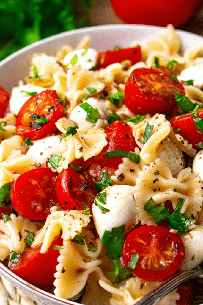 Vibrant caprese pasta salad with tomatoes, mozzarella, and basil in a bowl, perfect for a refreshing summer meal.