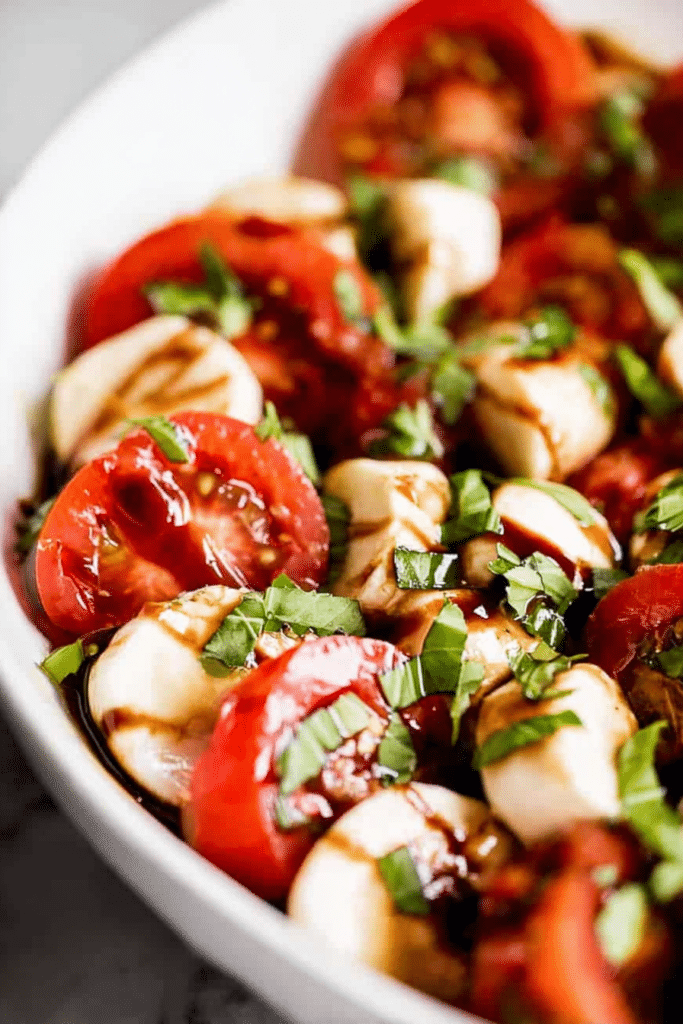 Delicious Caprese salad with cherry tomatoes, mozzarella balls, and fresh basil on a wooden table.