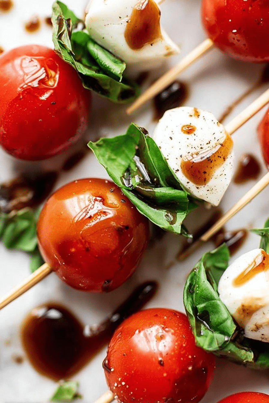 Delicious Caprese skewers featuring cherry tomatoes, mozzarella, and fresh basil, drizzled with balsamic reduction.