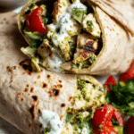 Delicious chicken pesto wrap filled with fresh ingredients like romaine lettuce, cherry tomatoes, and pesto chicken, served with a dipping sauce.