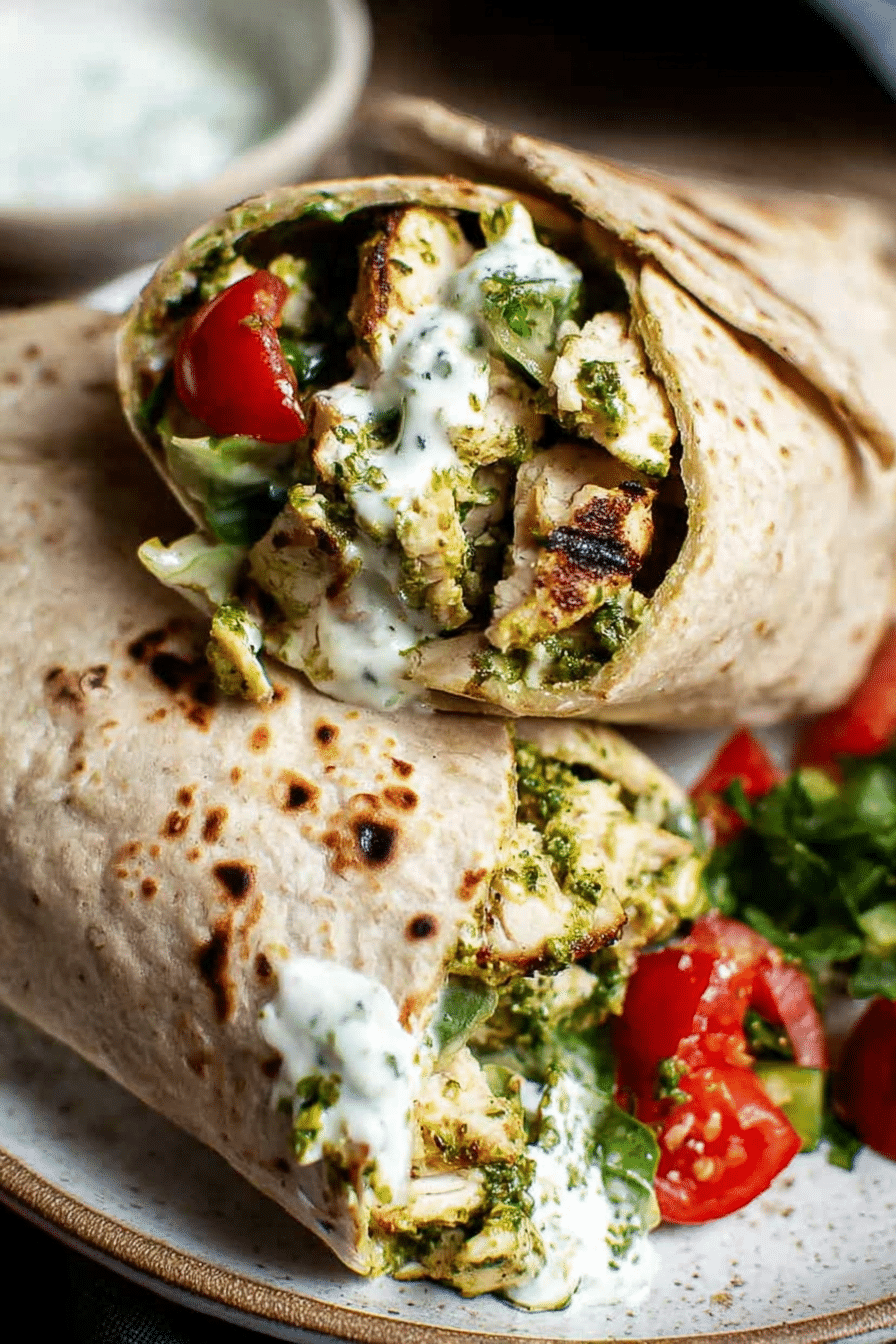 Delicious chicken pesto wrap filled with fresh ingredients like romaine lettuce, cherry tomatoes, and pesto chicken, served with a dipping sauce.