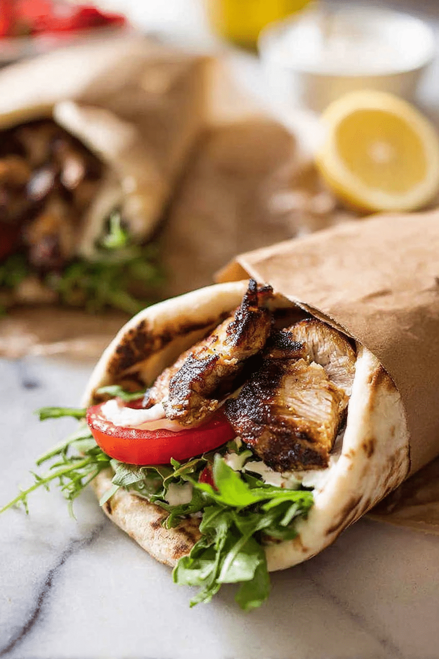 Delicious chicken shawarma wrap filled with fresh vegetables and yogurt sauce on a wooden table