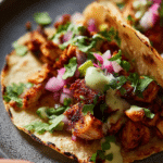 Delicious chicken tacos with cilantro, onion, and creamy green sauce on rustic wooden table.