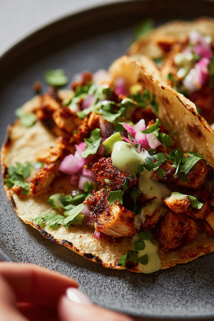 Delicious chicken tacos with cilantro, onion, and creamy green sauce on rustic wooden table.