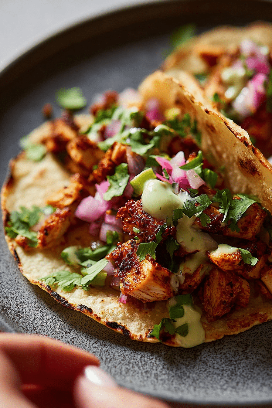 Delicious chicken tacos with cilantro, onion, and creamy green sauce on rustic wooden table.