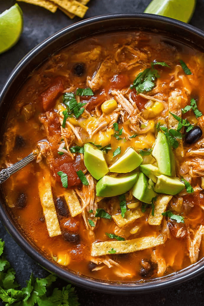 A delicious bowl of Chicken Tortilla Soup topped with crispy tortilla strips, avocado, cilantro, and lime.