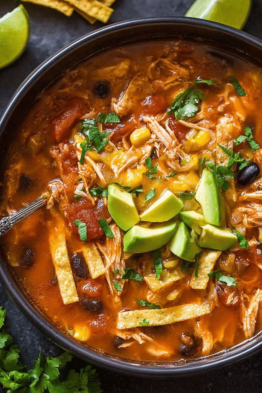 A delicious bowl of Chicken Tortilla Soup topped with crispy tortilla strips, avocado, cilantro, and lime.