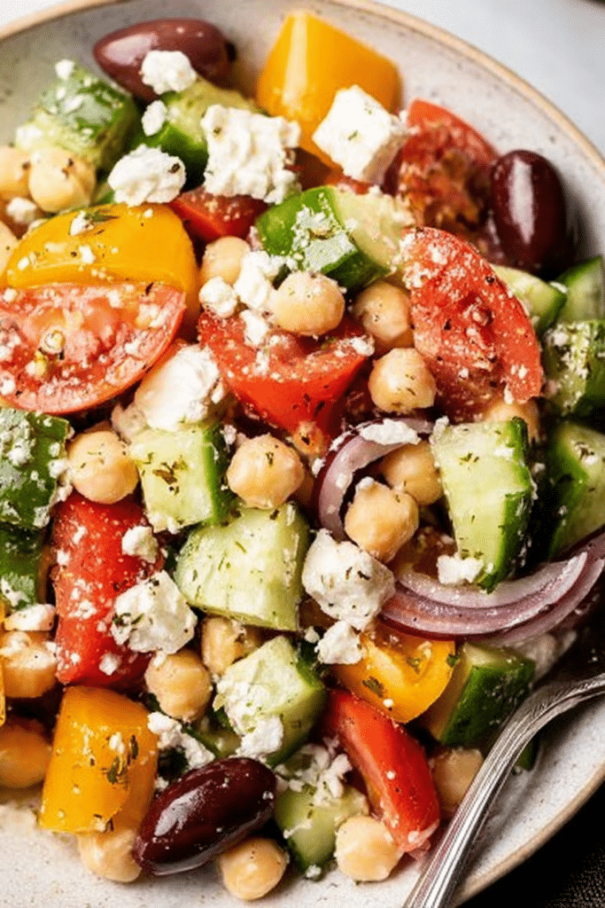Chickpea Greek salad with bell peppers, tomatoes, olives, and feta cheese in a large bowl.