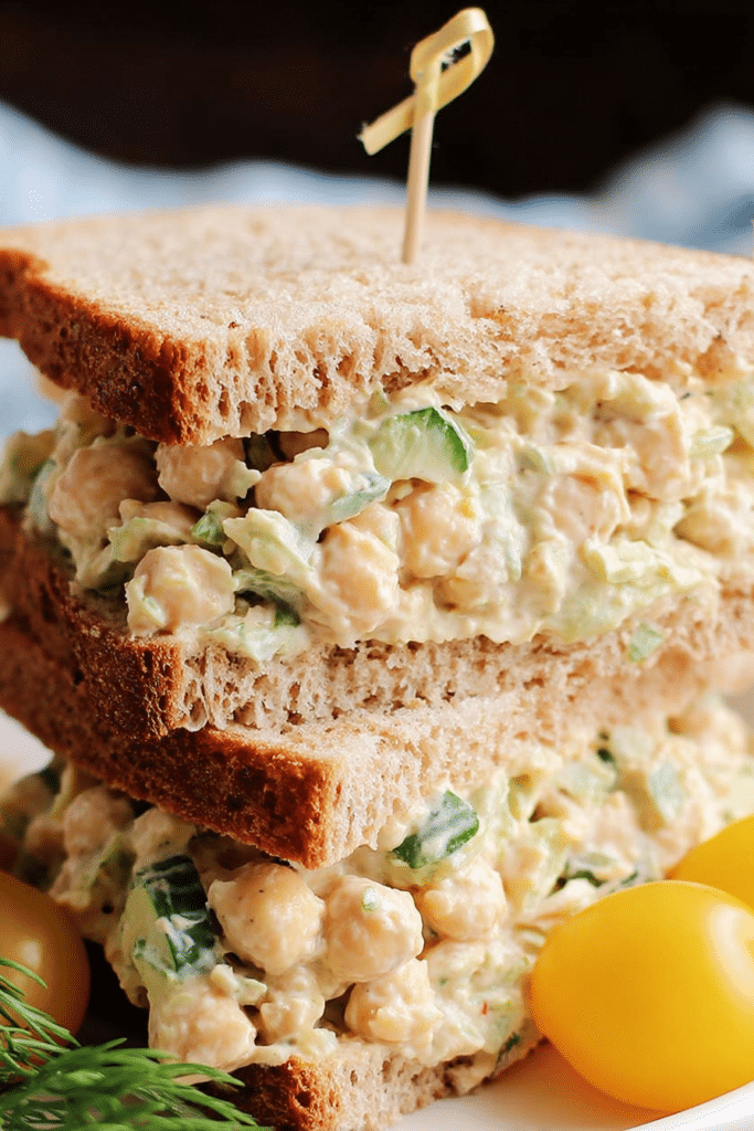 Chickpea salad sandwich stacked with fresh lettuce, tomato slices, and sprouts on a wooden table.