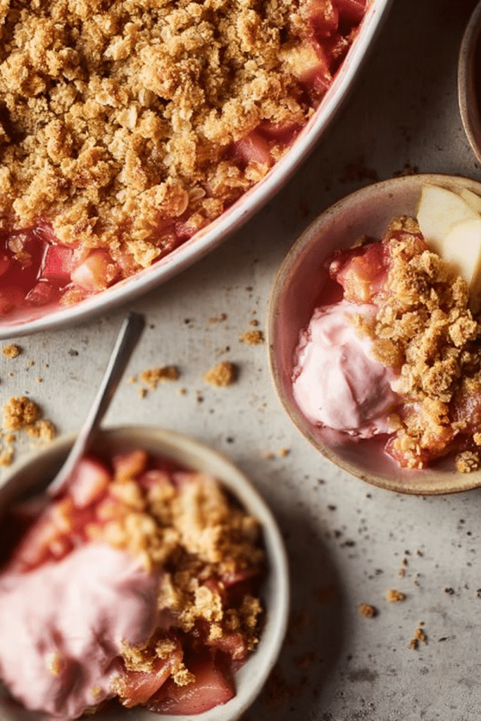 Classic rhubarb crisp served in a baking dish with melting vanilla ice cream on top and fresh rhubarb stalks decoratively arranged around it.