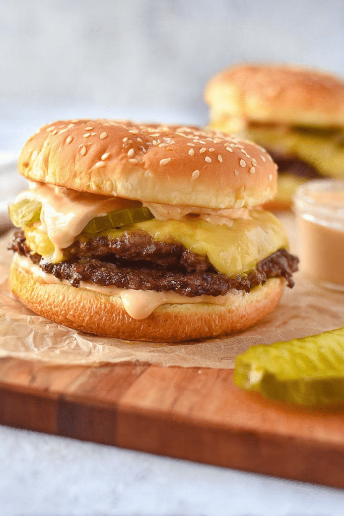 Close-up of a delicious homemade smash burger with melted cheese and fresh toppings