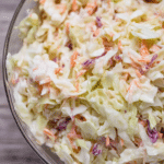 Close-up of freshly made coleslaw in a rustic bowl, featuring shredded cabbage and carrots, perfect for summer barbecues.