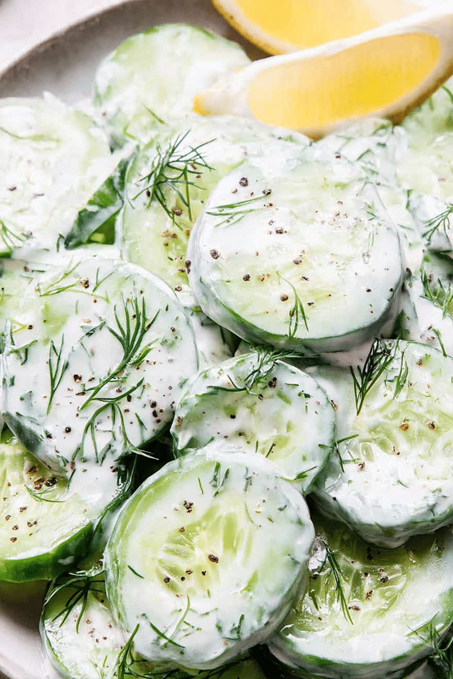 Creamy cucumber dill salad in a bowl with fresh dill and lemon slices on a wooden table