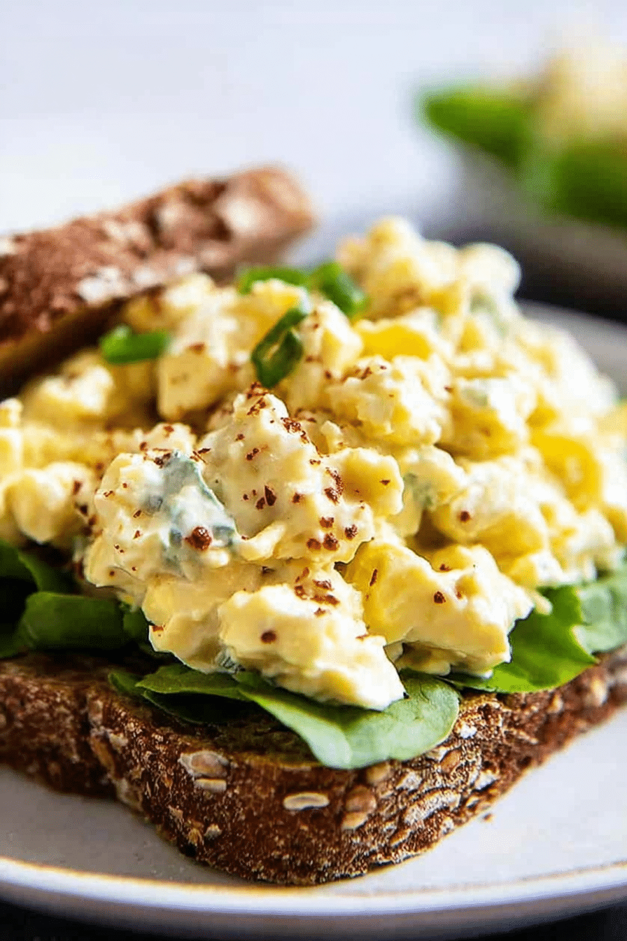 Close-up of creamy Greek yogurt egg salad with herbs in a bowl