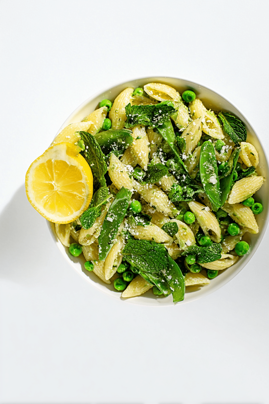 Delicious creamy one-pot pasta with peas and mint, served in a bowl topped with cheese and fresh herbs.