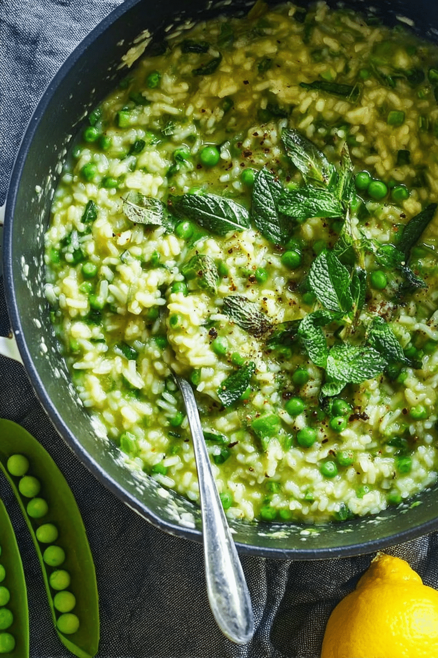 Creamy spring pea risotto with mint and truffle oil in a white bowl