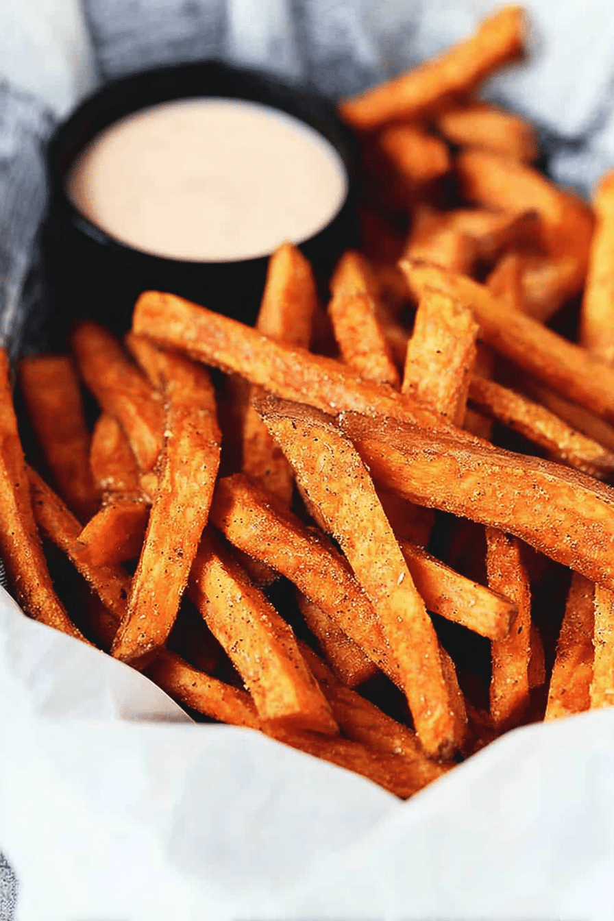 Crispy baked sweet potato fries in a bowl with a dipping sauce and herbs