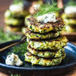 Crispy golden-brown Greek zucchini fritters garnished with dill and served with tzatziki sauce.
