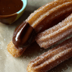 Crispy homemade churros with chocolate sauce, sprinkled with cinnamon sugar.