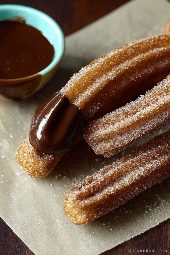 Crispy homemade churros with chocolate sauce, sprinkled with cinnamon sugar.